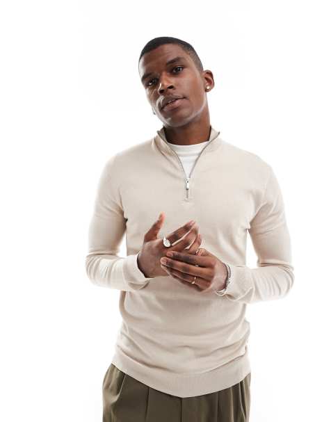 ONLY & SONS 1/4 zip jumper in stone - view 1