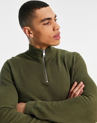 Only & Sons 1/4 zip jumper in textured green