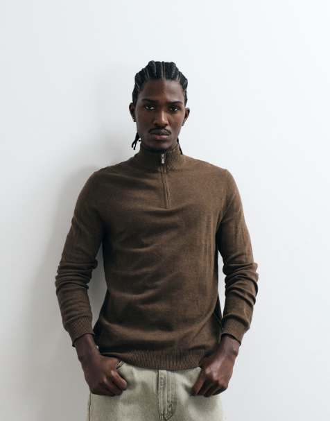 ONLY & SONS 1/4 zip knit sweater in brown melange - view 1