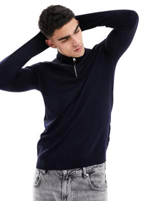 Only & Sons 1/4 Zip Knit Sweater In Navy