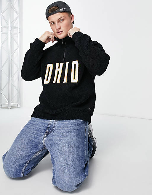 Only & Sons 1/4 zip sweatshirt with Ohio embroidery in black teddy