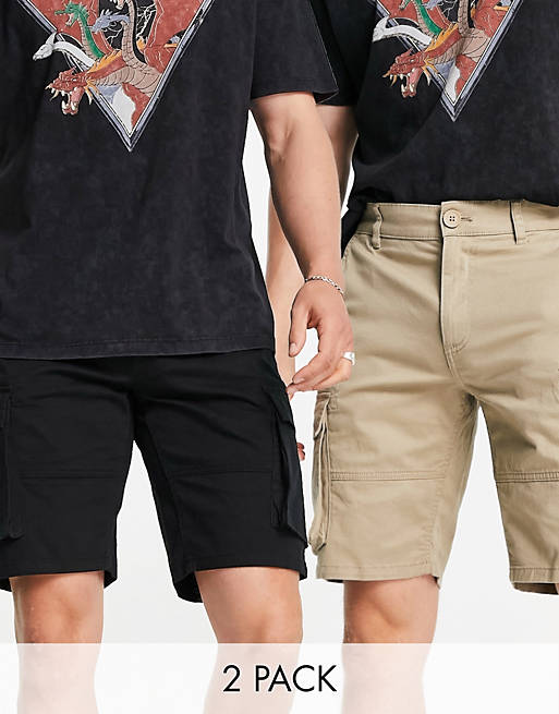  Only & Sons 2 pack cargo shorts in black and beige 