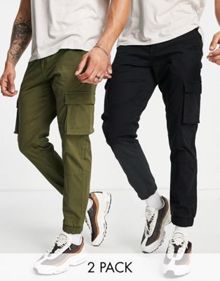 Only & Sons 2 pack cargo trousers in black & khaki