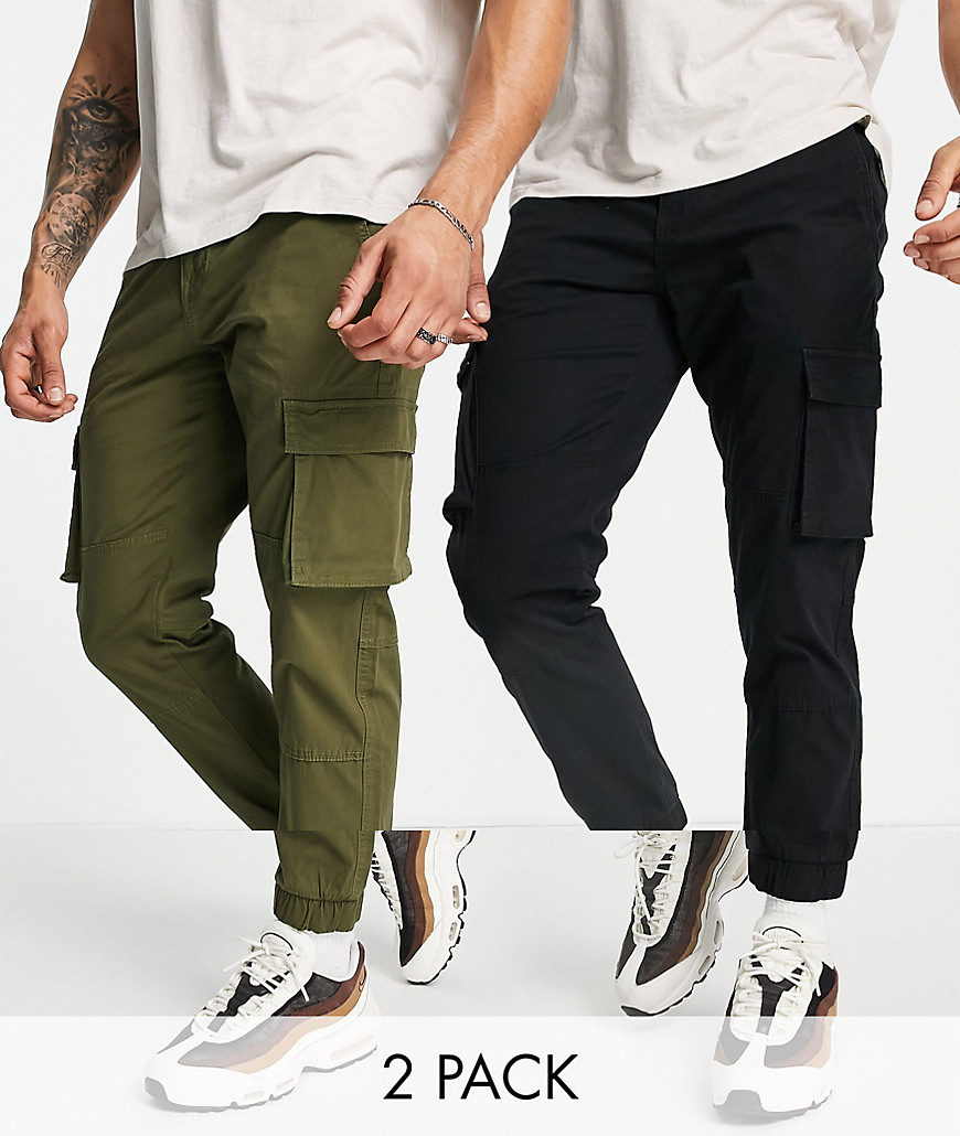only & sons 2 pack cargo trousers in black & khaki-multi