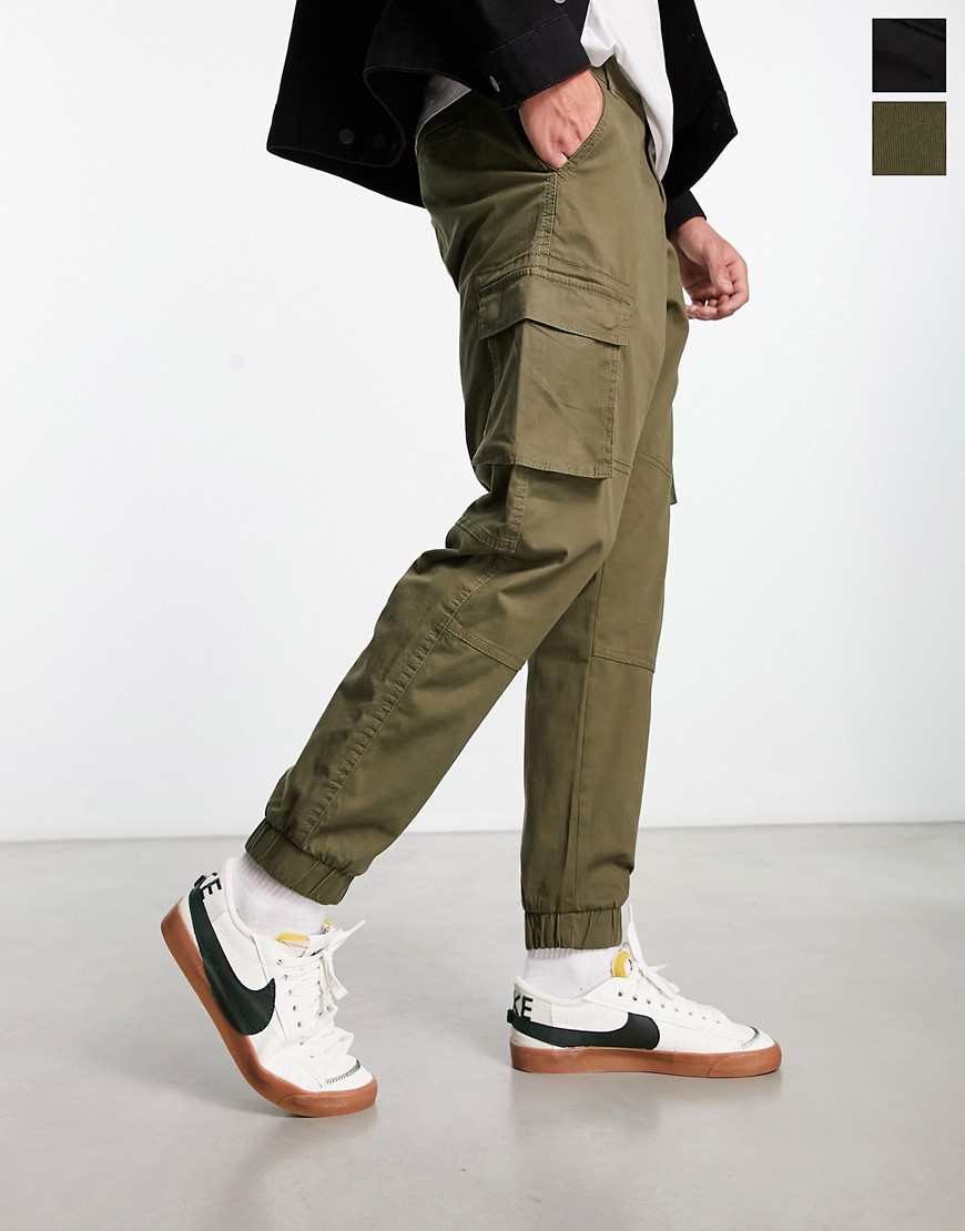 Only & Sons 2 pack cargo trousers in black & khaki-Multi