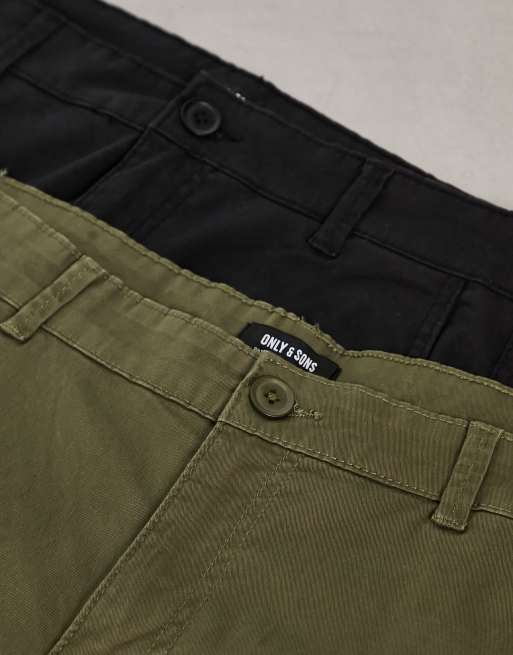 2-pack Twill Cargo Pants - Black/khaki green - Kids