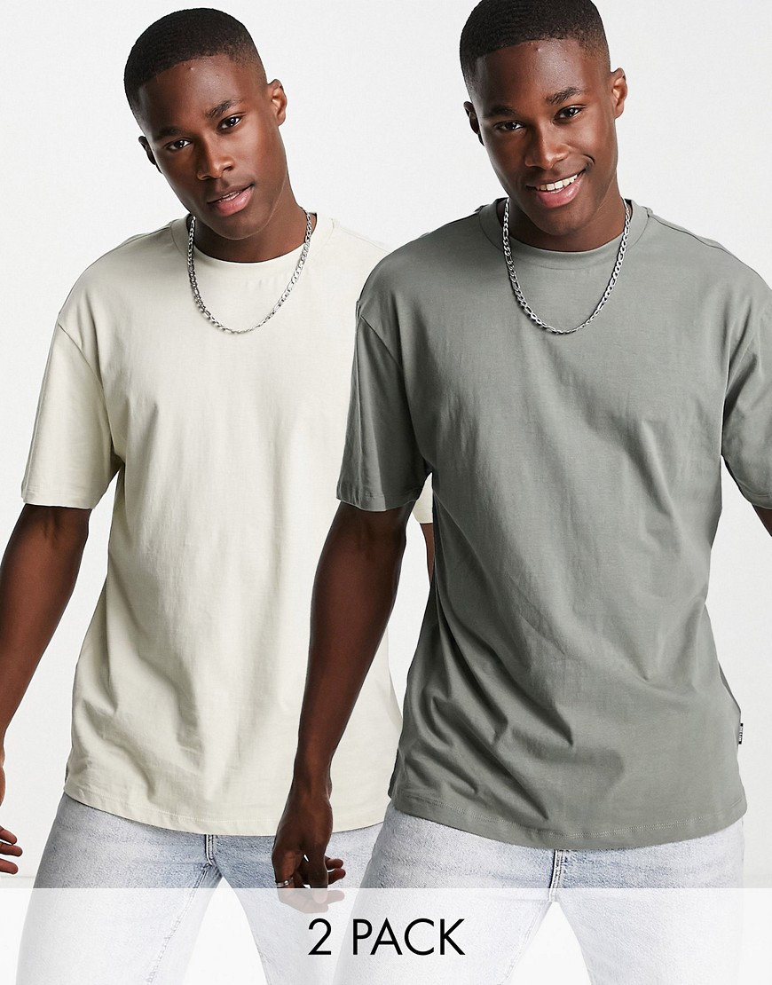 Only & Sons 2 pack essentials relaxed fit t-shirt in dark gray & stone-Grey