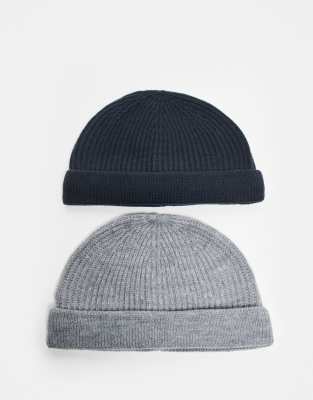 Only & Sons 2 Pack Fisherman Beanie Hats In Blue
