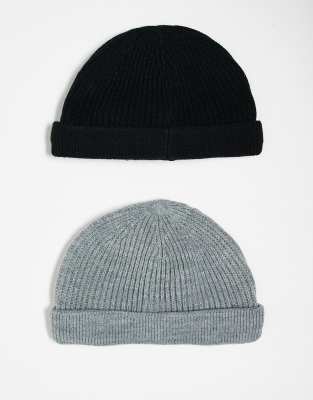 ONLY & SONS ONLY & SONS 2 pack fisherman beanie hats in black & grey melange