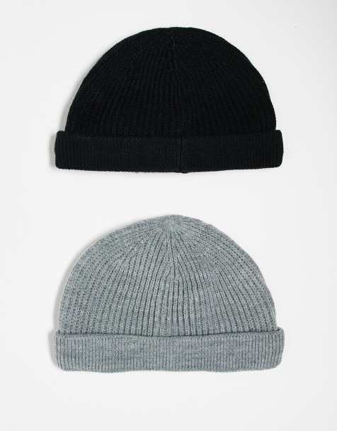 ONLY & SONS 2 pack fisherman beanie hats in black & grey melange - view 1