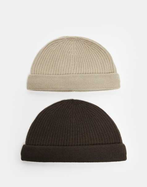 ONLY & SONS 2 pack fisherman beanie hats in brown & beige - view 1