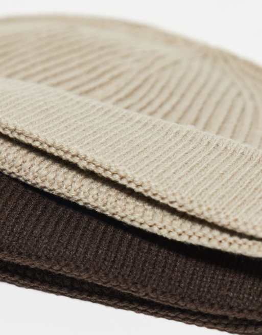 ONLY & SONS 2 pack fisherman beanie hats in brown & beige, 2 of 3