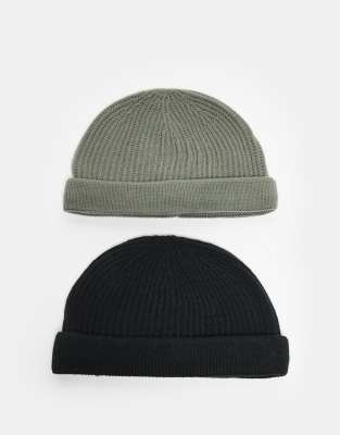ONLY & SONS ONLY & SONS 2 pack fisherman beanie hats in navy & grey