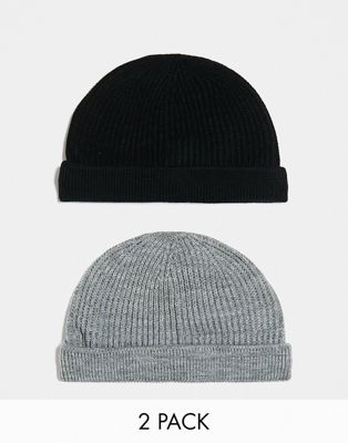 Only & Sons 2 pack fisherman beanie in black and grey