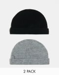 [ONLY & SONS] Only & Sons 2 pack fisherman beanie in black and grey One Size Medium grey