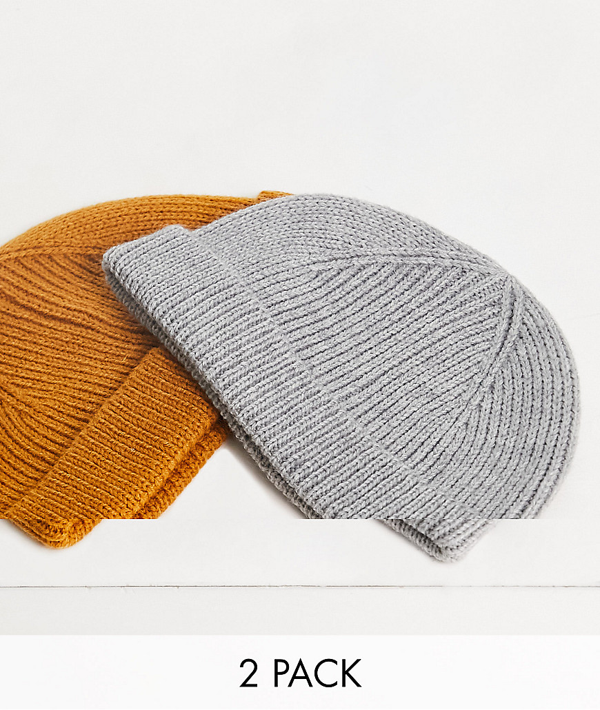 Only & Sons 2 pack fisherman beanies in gray and yellow-Multi