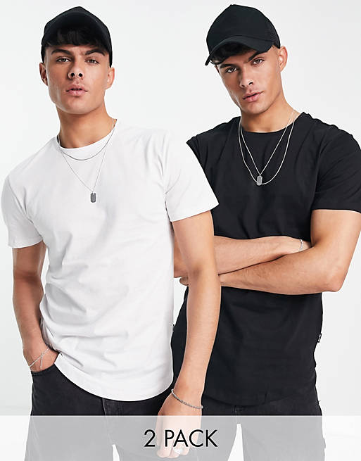 Only & Sons 2 pack longline curved hem t-shirt in black & white