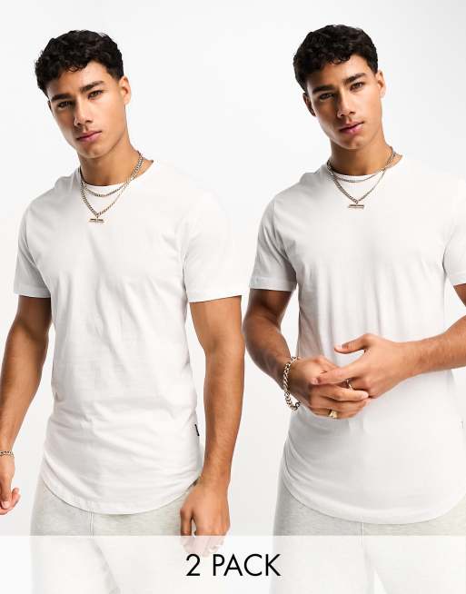 Only & Sons 2 pack longline curved hem t-shirt in white