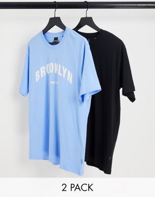 Only & Sons 2 pack oversized Brooklyn t-shirts in blue & black