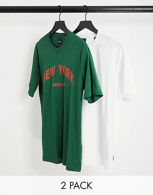 Only & Sons 2 pack oversized New York t-shirts in white & dark green