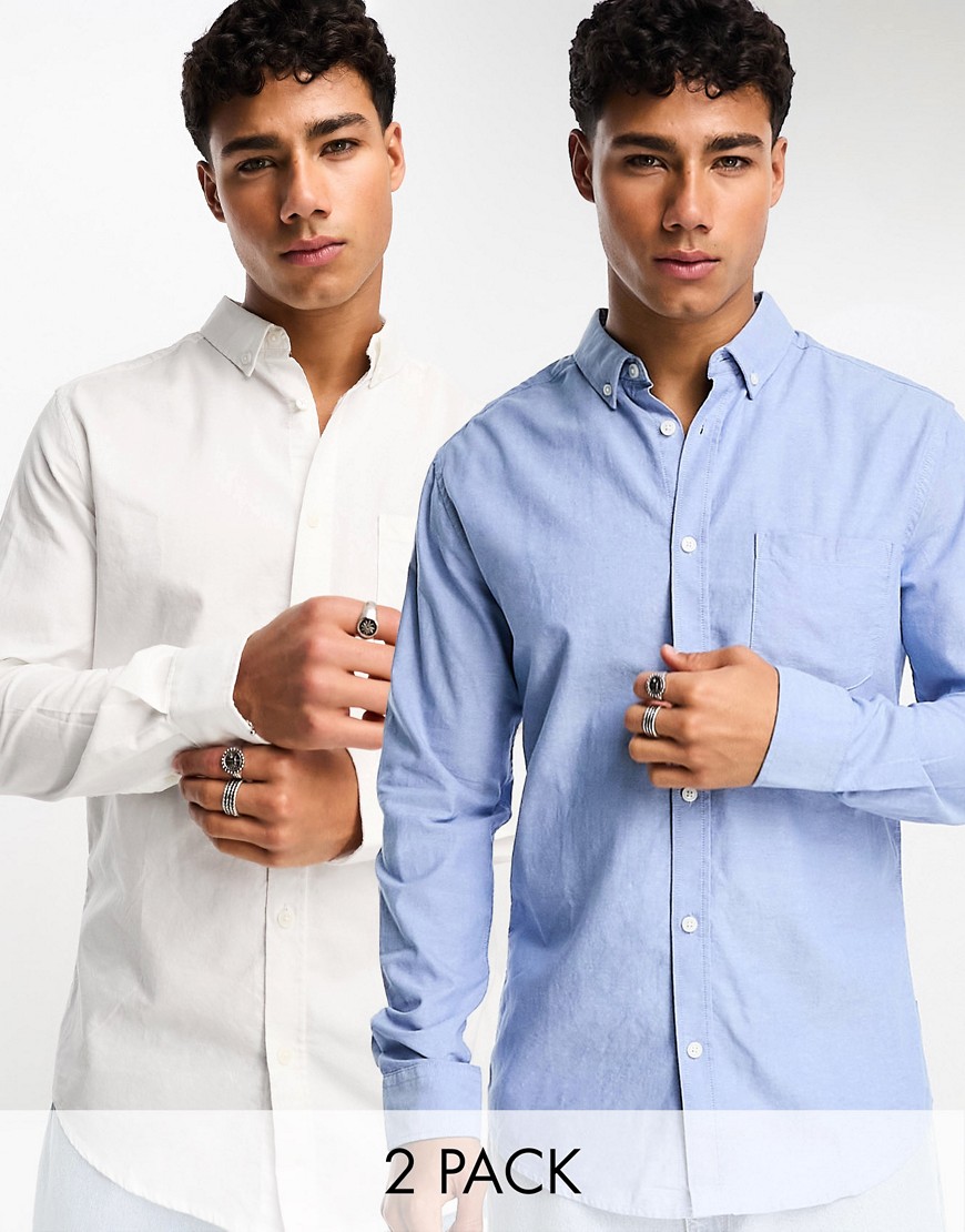 Only & Sons 2 pack oxford shirt in white & blue-Multi