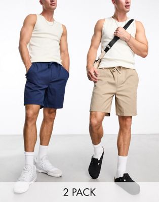 Only & Sons 2 pack twill shorts in navy & beige