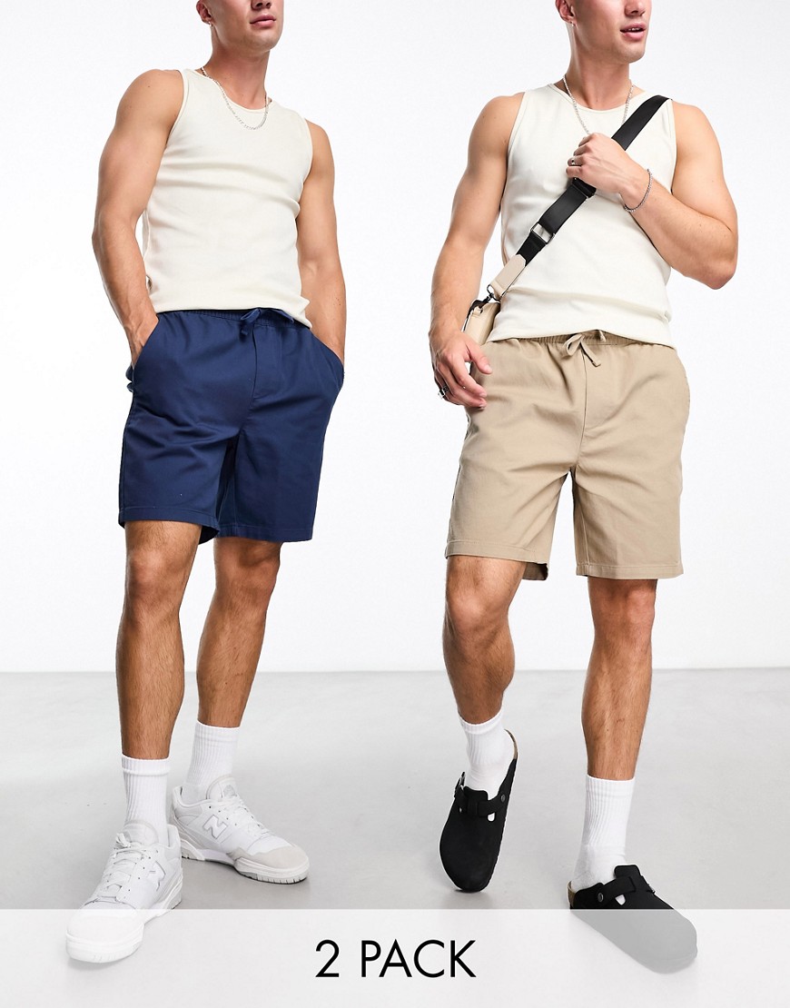 Only & Sons 2 pack twill shorts in navy & beige-Neutral