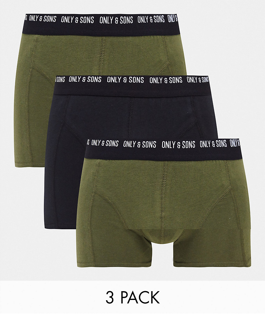 Only & Sons 3-pack boxer briefs in khaki and black-Green