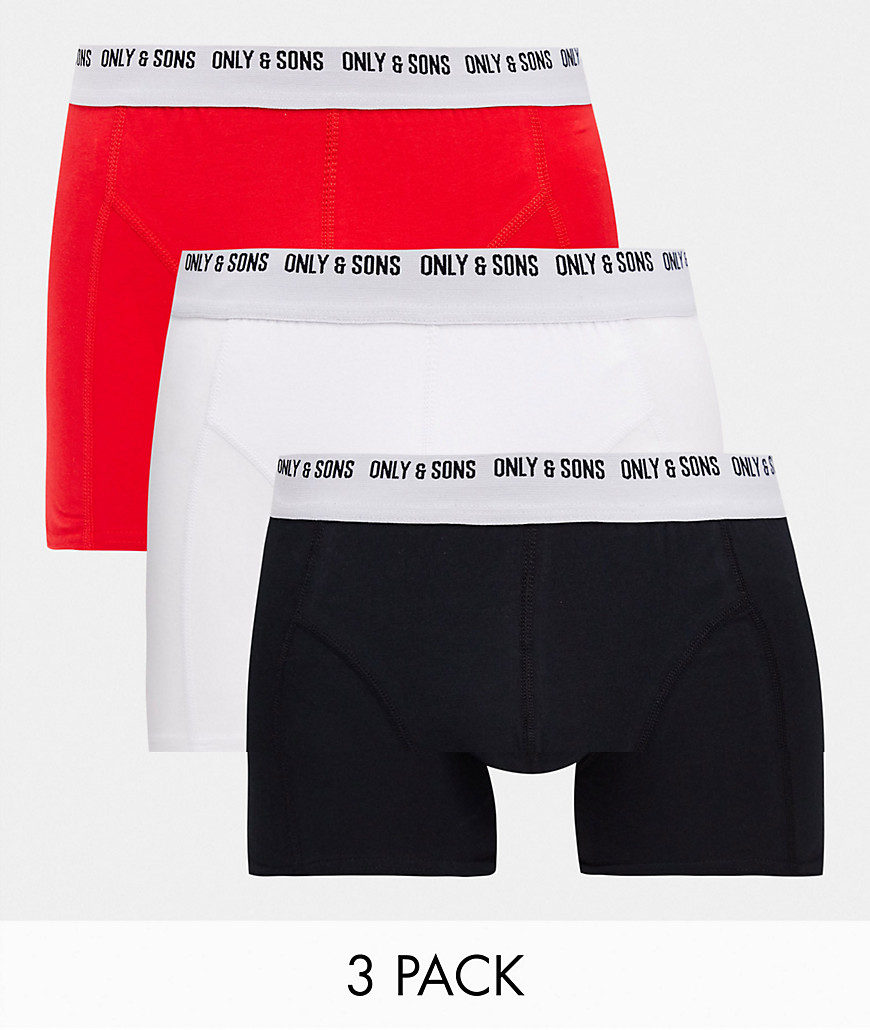 Only & Sons 3-pack boxer briefs in red, white & black