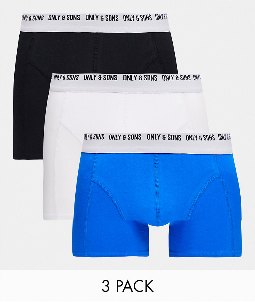 Only & Sons 3-pack boxer briefs in white, blue & black
