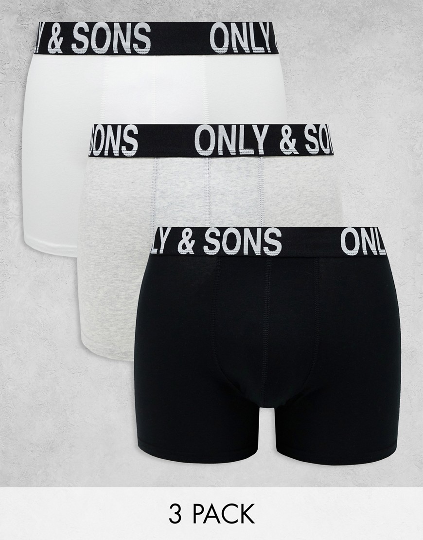 Only & Sons 3 Pack Briefs In Black Gray & White