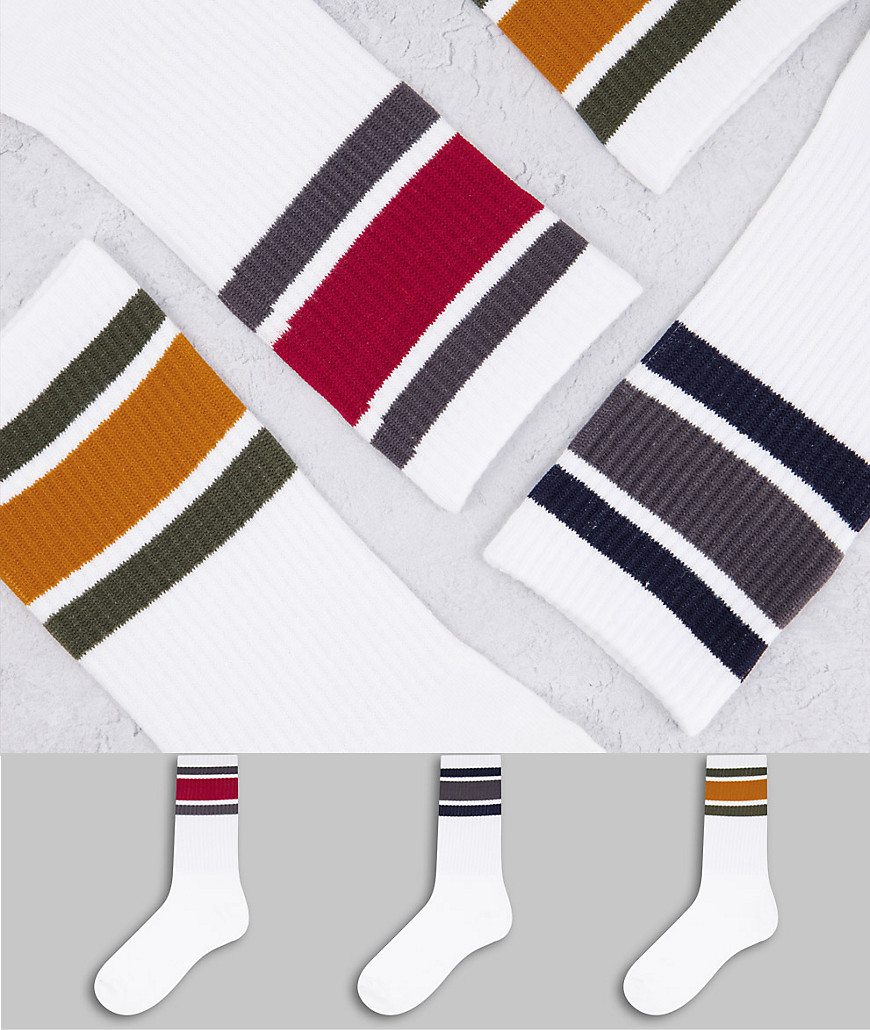 Only & Sons 3 pack crew socks with stripes in white