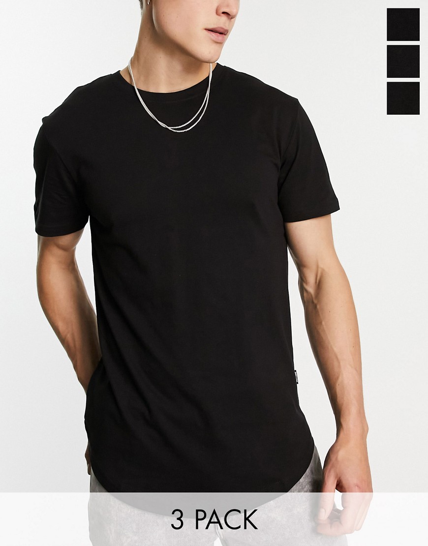 Only & Sons 3 pack curve hem t-shirt in black
