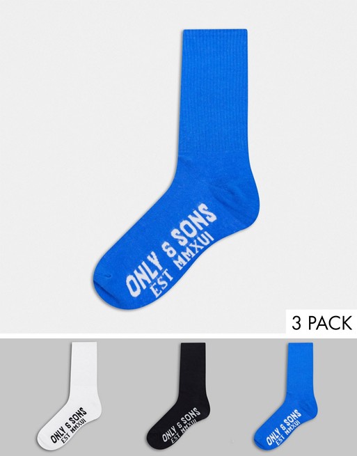 Only & Sons 3 pack socks with logo in multi