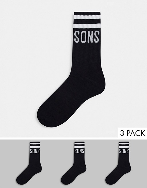 Only & Sons 3 pack sport socks with logo in black