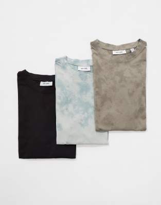 3 pack super oversized t-shirt in acid wash charcoal light gray & beige-Multi