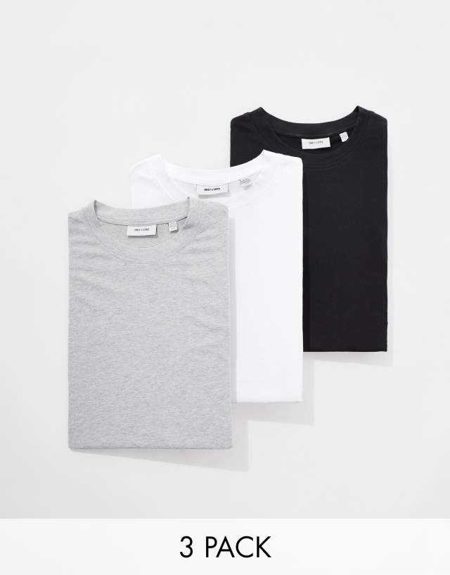 ONLY & SONS - 3 pack super oversized t-shirt in black white & light grey