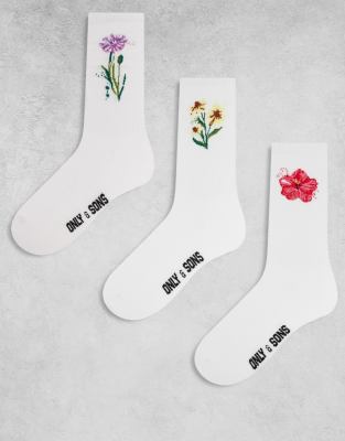Only & Sons 3 Pack Tennis Socks With Small Flowers In White
