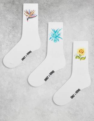 Only & Sons 3 Pack Tennis Socks With Sunflower In White