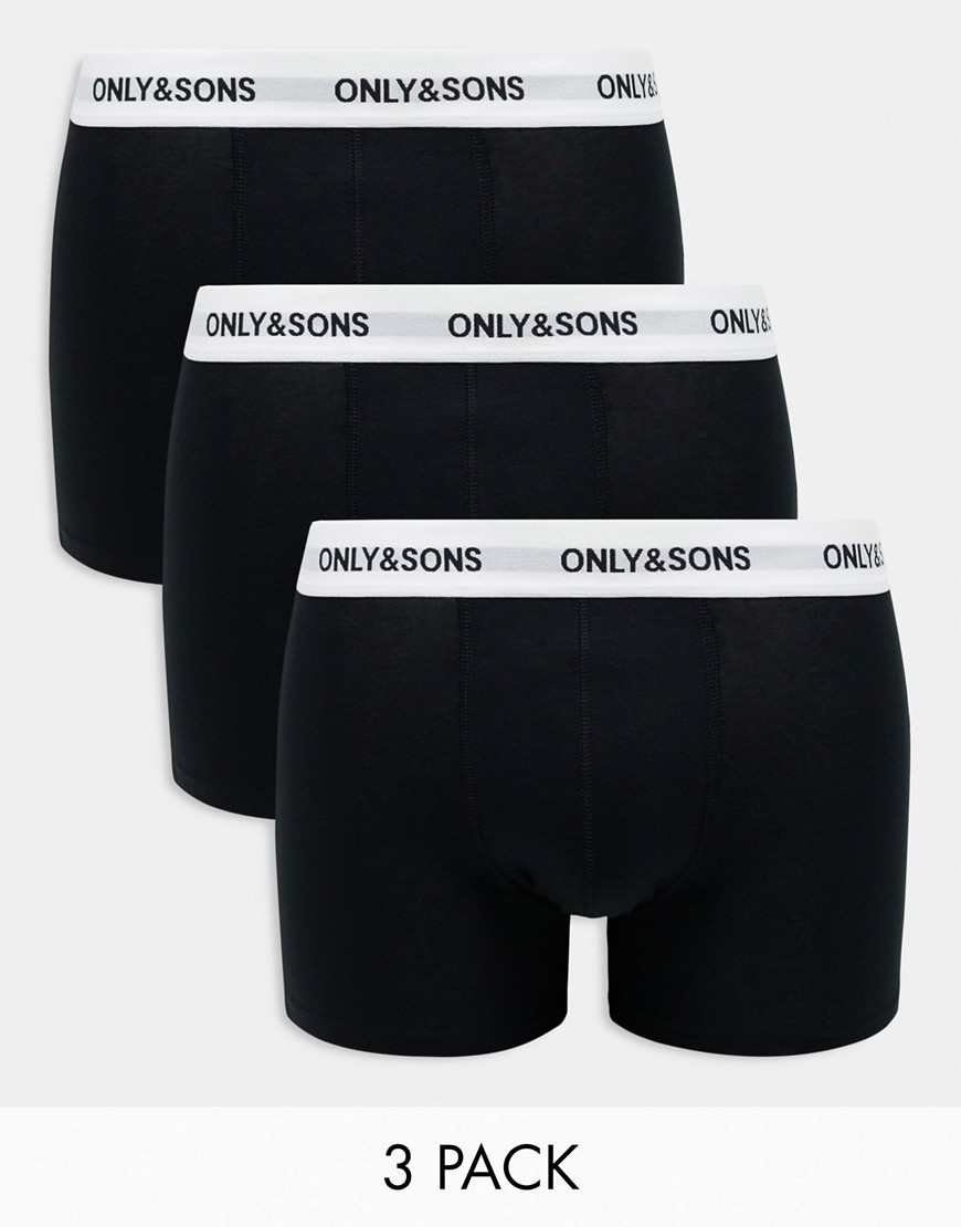 ONLY & SONS 3 pack trunks in black with white logo waistband