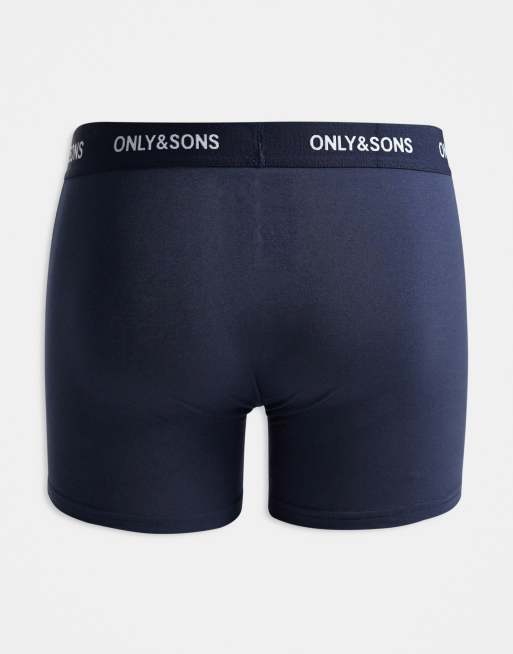 ONLY & SONS 3 pack trunks in blue with black waistband, 2 of 3