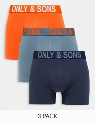 Only & Sons 3 pack trunks in multi with logo waistband