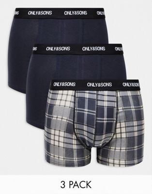 Only & Sons 3 pack trunks in navy check  - ASOS Price Checker