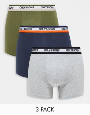 Only & Sons 3 pack trunks in navy with contrast waistband