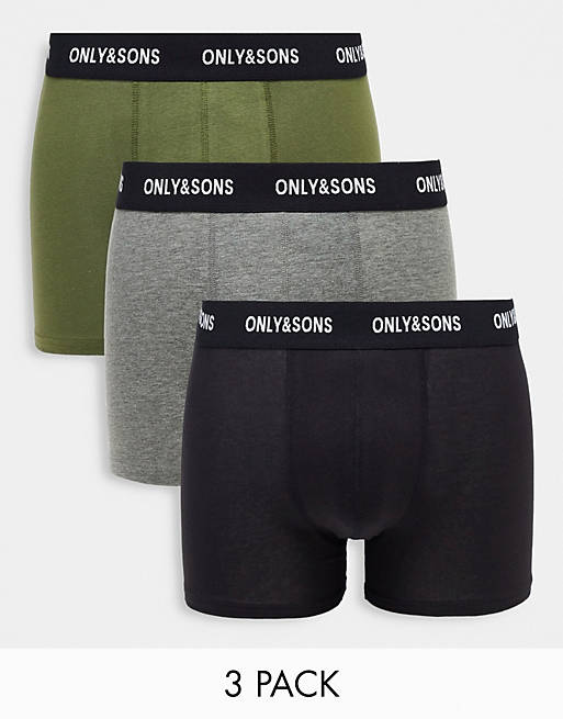 Only & Sons 3 pack trunks with contrast waistband in black, khaki and grey 