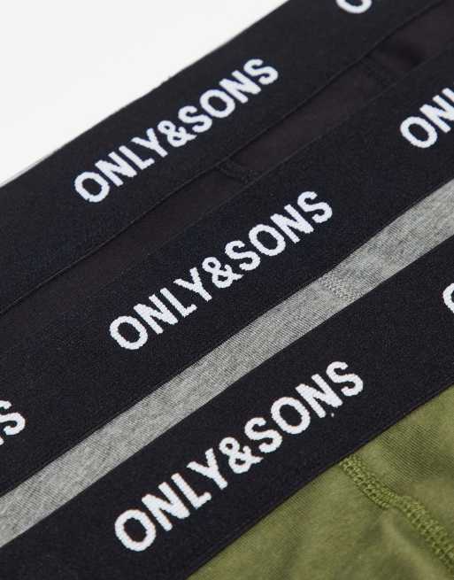 Only & Sons 3 pack trunks with contrast waistband in black, khaki and grey, 3 of 4