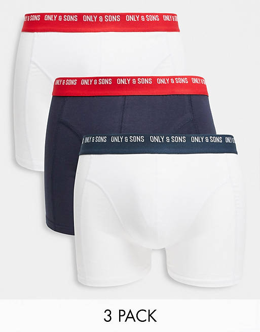 Only & Sons 3 pack trunks with contrast waistband in navy