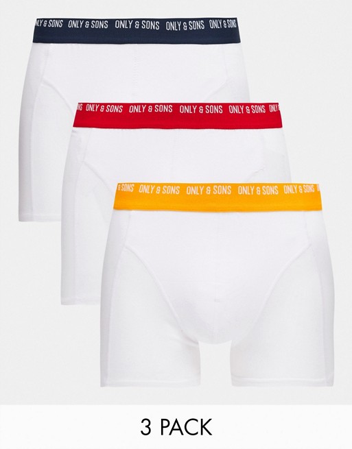 Only & Sons 3 pack trunks with contrast waistband in white