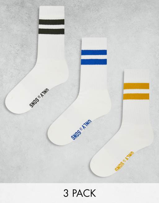Only & Sons – 3er-Pack Tennissocken mit mehrfarbigen Streifen  