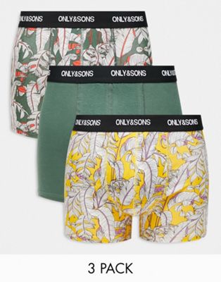Only & Sons 3 pack trunks in khaki floral print  - ASOS Price Checker